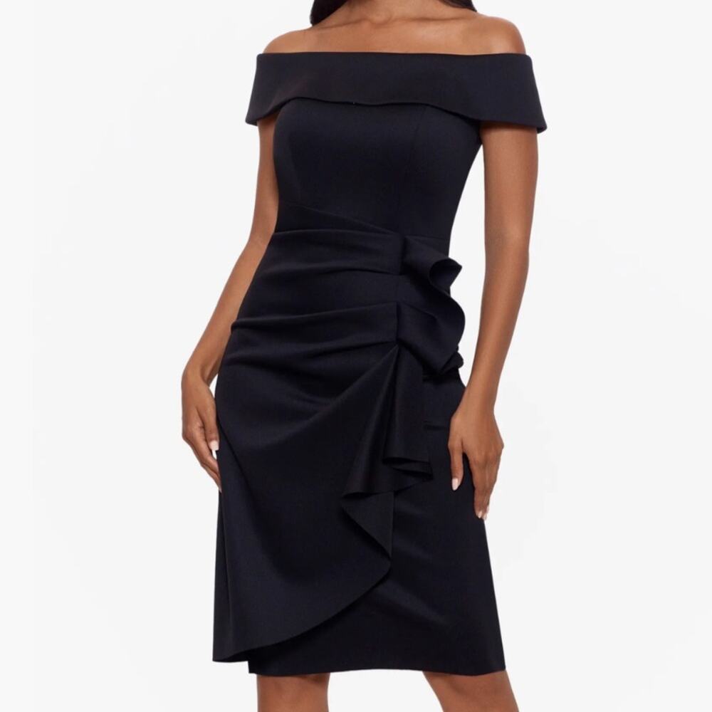 Xscape Evenings Ruffle Off the Shoulder Scuba Knit Dress - Black 12